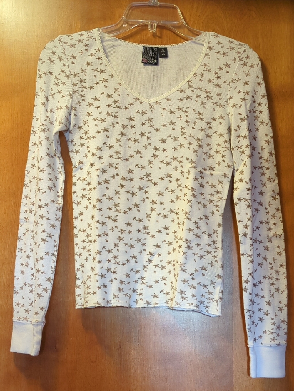 Volcom Cream Long Sleeve V-Neck Tee with Brown Star Print